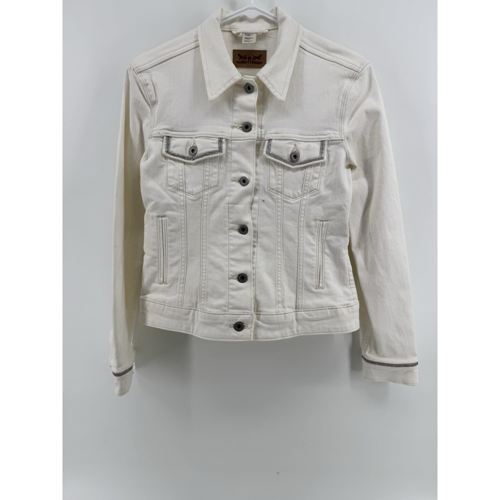 Levis White Denim Trucker Jacket Silver Metallic Trim Womens‎ Small